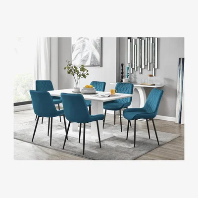 The Range Imperia 6 White Dining Table and 6 Pesaro Black Leg Chairs - Blue