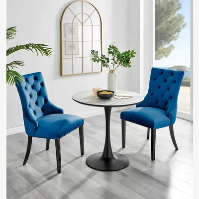 The Range Elina White Marble Effect Round Dining Table and 2 Belgravia Black Leg Chairs - Blue