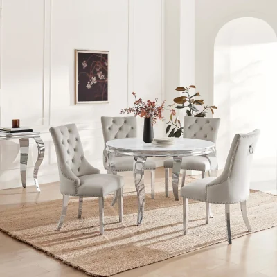 The Range Skye Round White Marble Effect Dining Table  4 Grey Velvet Belgravia Chairs - White