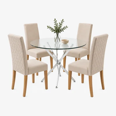 The Range Glass Dining Table and 4 Cream Diamond Stitch Velvet Chairs with Wooden Legs - Cream