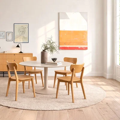 The Range Ibiza Round Beige Dining Table with 4 Roxby Dining Chairs in Oak - Beige & Oak