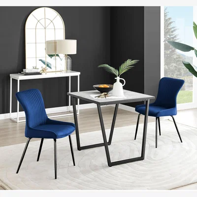 The Range Carson White Marble Effect Square Dining Table and 2 Nora Black Leg Chairs - Blue