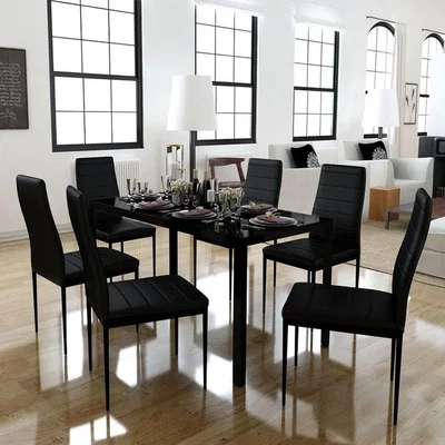 The Range Dining Table and 6 PU Leather Chairs Set - Black
