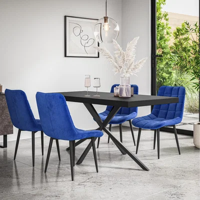 The Range Donni Dining Table And Chairs - Black Table Top w 4-6 Nova Velvet Chair - Blue / 6