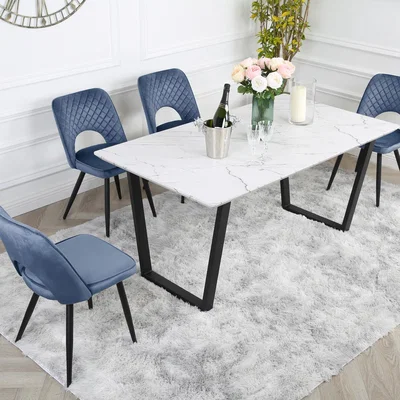 The Range Dining Table Set with 4 Metis Velvet Chairs - Dark Blue / Steel Velvet