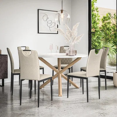 The Range Malvern Round Marble Effect Dining Table Set With Oak Legs - Beige / 6
