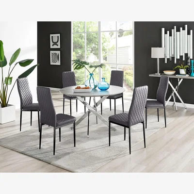 The Range Novara Grey Concrete Effect 120cm Round Dining Table 6 Milan Black Leg Chairs - Grey
