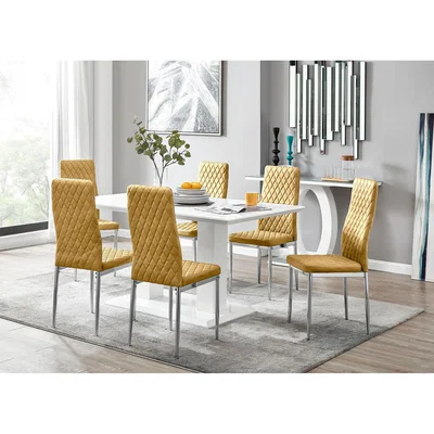 The Range Imperia 6 White Dining Table and 6 Velvet Milan Chairs - Mustard