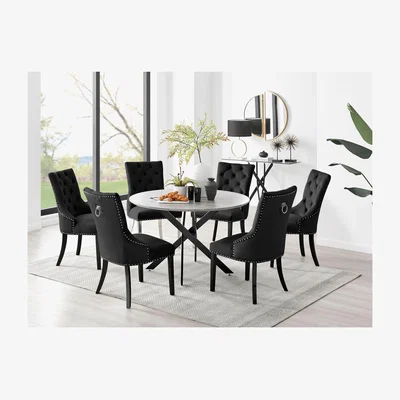 The Range Novara Grey Concrete Effect Black Leg Table And 6 Belgravia Black Leg Chairs - Black
