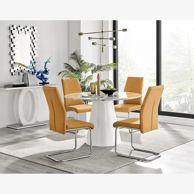 The Range Palma White Marble Effect Dining Table and 4 Lorenzo Chairs - Mustard