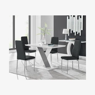 The Range Monza White High Gloss Dining Table  4 Milan Chrome Leg Chairs - Black