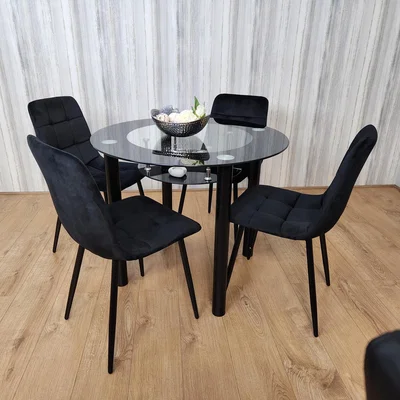 The Range Round Glass Black Dining Table, Storage Shelf And 4 Black Tufted Velvet Chairs - Black