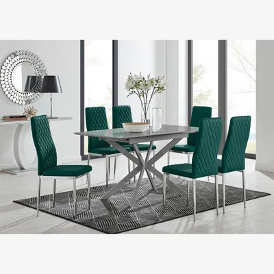 The Range Lira 100cm Grey Metal Extending Dining Table and 6 Velvet Milan Chairs - Green