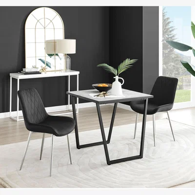 The Range Carson White Marble Effect Square Dining Table and 2 Pesaro Silver Chairs - Black