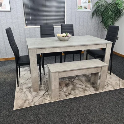 The Range Grey Dining Table With 4 Black Metal Chairs And 2 Seater Bench - Grey