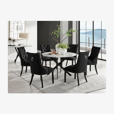The Range Novara White Marble Black Leg 120cm Table And 6 Belgravia Black Leg Chairs - Black