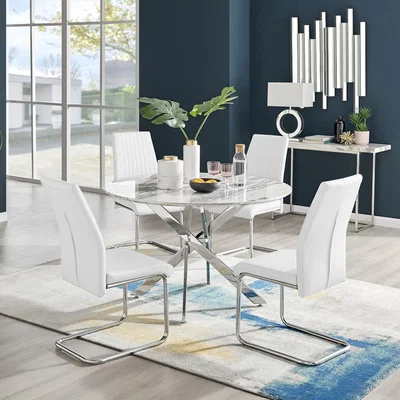 The Range Novara White Marble Effect 120cm Dining Table  4 Lorenzo Chairs - White