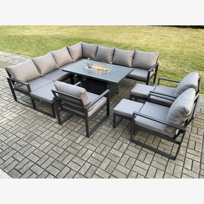The Range Fimous Aluminium Corner Sofa Dining Set with Gas Fire Pit, 13-Seater, Dark Grey. - Dark Grey
