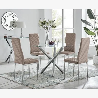 The Range Selina Chrome Round Glass Dining Table With Four Milan Dining Chairs - Cappuccino