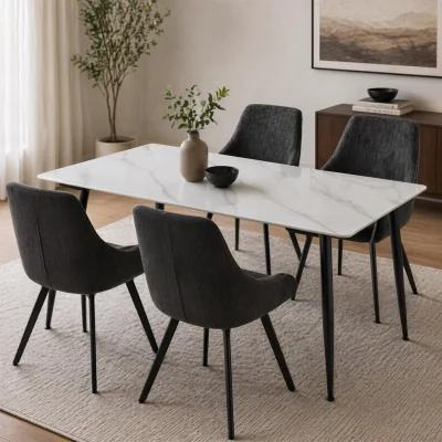 The Range White Sintered Stone 5 Piece Dining set Table Black Swivel Chairs - White