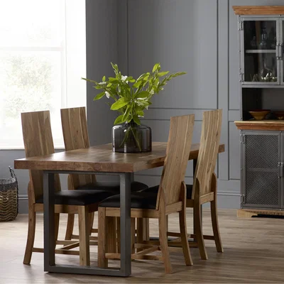 The Range Industrial Reclaimed Metal and Acacia Wood Dining Set with 4 Chairs - Two Tone Wood