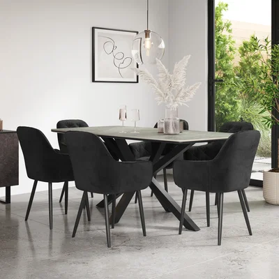 The Range Juno Light Grey Ceramic Dining Table With 8 Anika Velvet Chairs - Black