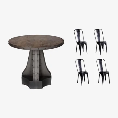 The Range Reclaimed Industrial Round Dining Table with 4 Metal Chairs Set - Black