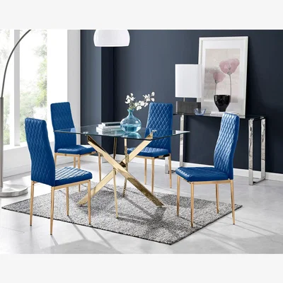 The Range Leonardo 4 Gold Dining Table and 4 Velvet Milan Gold Leg Chairs - Navy