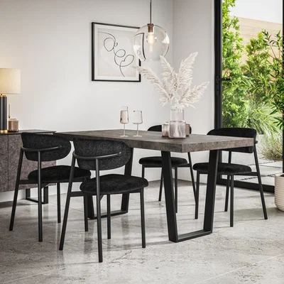 The Range Aria Concrete Effect Top Rectangle Dining Table and 4 Myla Linen Chairs - Grey - Black