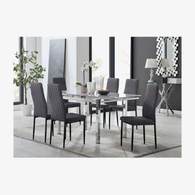 The Range Enna White Glass Extending Dining Table and 6 Velvet Milan Black Leg Chairs - Grey