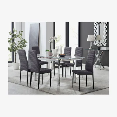 The Range Enna White Glass Extending Dining Table and 6 Velvet Milan Black Leg Chairs - Grey