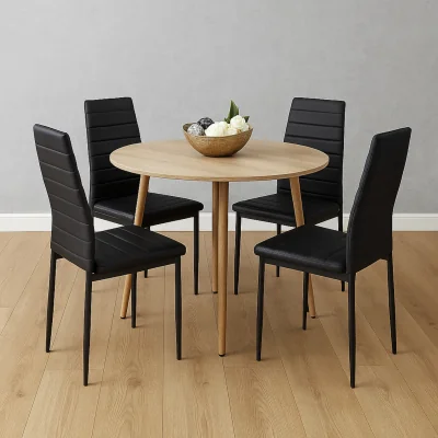 The Range Modern Round Dining Table With 4 Black Faux Leather Chairs Kitchen Furniture Set - Brown