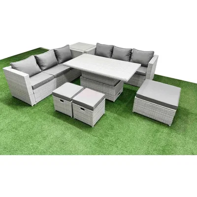 The Range Fimous 7-Piece Rising Rattan Dining Set Light Grey - Light grey mixed rattan with dark grey fabric