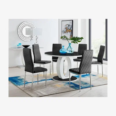 The Range Giovani Round Black Large 120cm Table and 6 Velvet Milan Chairs - Black