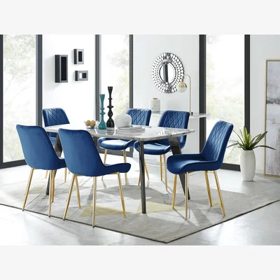 The Range Andria Black Leg Marble Effect Dining Table and 6 Pesaro Gold Leg Chairs - Blue