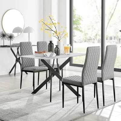 The Range Leonardo Grey Glass Marble Effect Black Leg Table And 4 Milan Black Leg Chairs - Grey