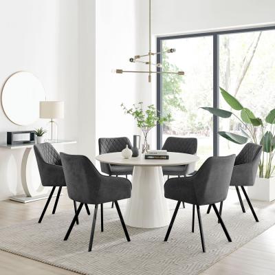 The Range Palma Beige Stone Effect Round Dining Table and 6 Falun Black Leg Chairs - Dark Grey