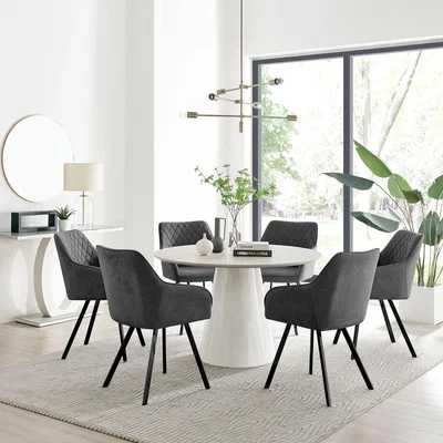 The Range Palma Beige Stone Effect Round Dining Table and 6 Falun Black Leg Chairs - Dark Grey