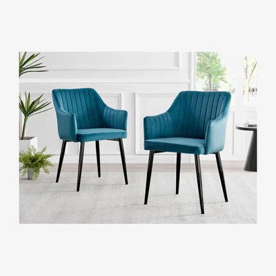 The Range Elina White Marble Effect Round Dining Table and 2 Calla Black Leg Chairs - Blue