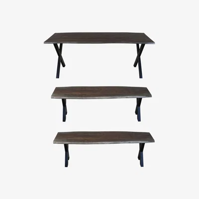 The Range Live Edge Large Acacia Wood Dining Table Set Grey With 2 Benches - Light Wood