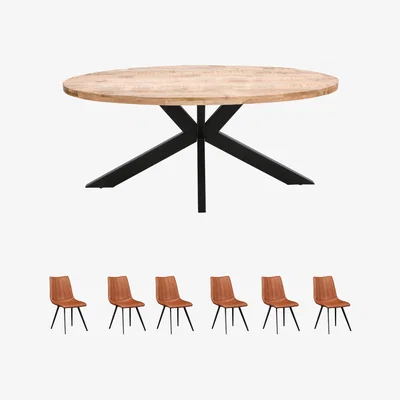 The Range Merlin Mango Wood 6-8 Seater Oval Dining Table Set With 6 Chairs - Light Wood