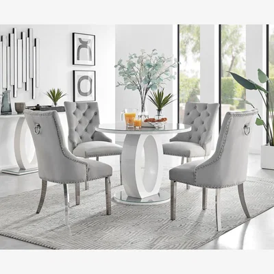 The Range Giovani Round Grey Table And 4 Velvet Belgravia Chairs - Grey