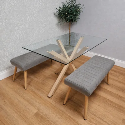 The Range 4 Seater Rectangle Glass Dining Table 2 Grey Benches Wood Effect X Metal Legs Kitchen Dining Room - Clear