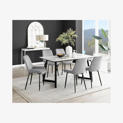 The Range Carson White Marble Effect Dining Table and 6 Pesaro Black Leg Chairs - Grey