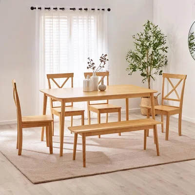 The Range Lynton Solid Wood Dining Table with Millford Chairs and Bench - Oak / Dining Table & 4 Chairs, 1 Bench