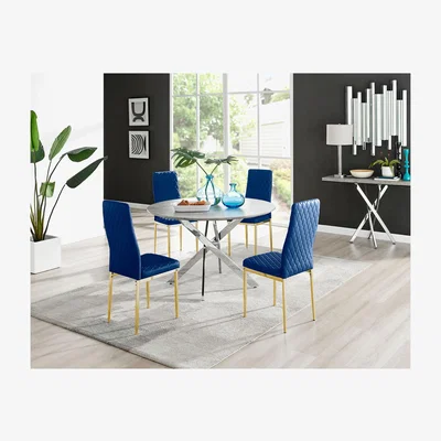 The Range Novara Grey Concrete Effect 120cm Round Dining Table 4 Milan Gold Leg Chairs - Navy