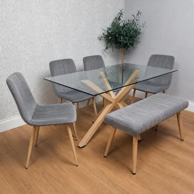 The Range 6 Seater Rectangle Glass Dining Table with 4 Grey Chairs Bench Wood Effect X Metal Legs Dining Room - Clear