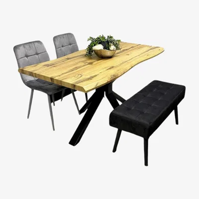 The Range MDF Dining Set with Velvet Chairs  Tufted Velvet Benches - Grey