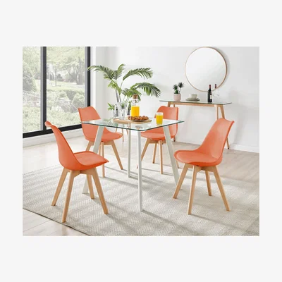 The Range Seattle Glass and White Leg Square Dining Table 4 Stockholm Wooden Leg Chairs - Orange