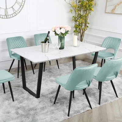 The Range Marble Dining Table Set with 6 Metis Velvet Chairs - Teal / One Atlas Marble Table with Six Metis Velvet Chairs in Teal